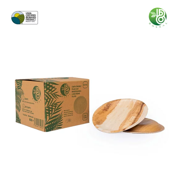 Bosnal 6 inch Round Plate, Compostable Palm Leaf, Bamboo and Wood Style, Stackable, Restaurant Grade, 25 Pcs