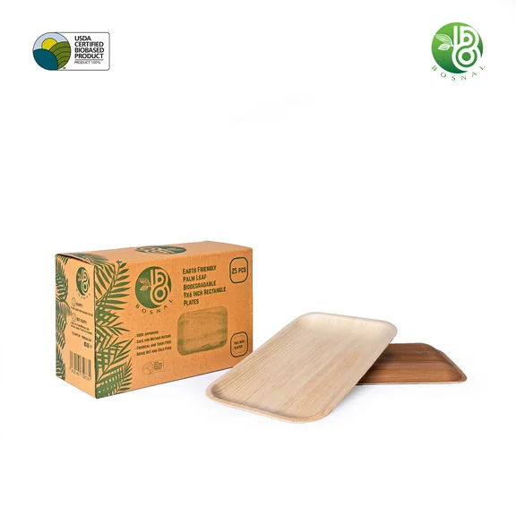 Bosnal 9 x 6 inch Retangular Plates, Compostable Palm Leaf, Bamboo and Wood Style, Stackable, Restaurant Grade, 25 Pcs