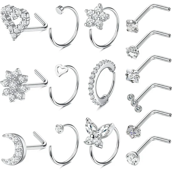 Briana Williams 20G Nose Rings for Women Surgical Steel Nose Ring Hoops Heart CZ Flower