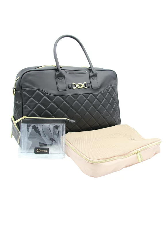 C.Wonder Women's Quilted Travel Duffel Bundle; Duffel, packing cube and Toiletry Bag Black