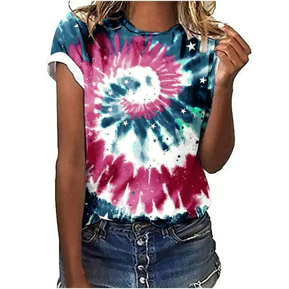 CYMMPU Sun and Moon Tie Dye Tops for Women Mushroom Printed Short Sleeve Shirts Y2k Aesthetic Tees Tops for Teens Girls