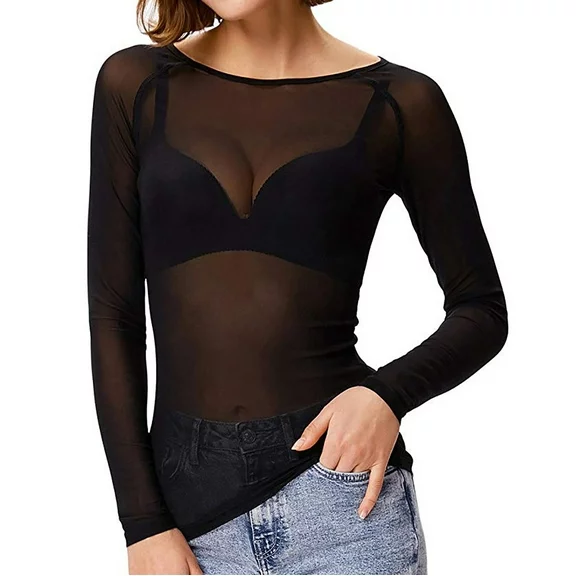 CYMMPU Tops for Women See-Through Long Sleeve Shirts for Womens Casual Slim Seamless Arm Shaper Sheer Mesh Shirt Blouse Black S