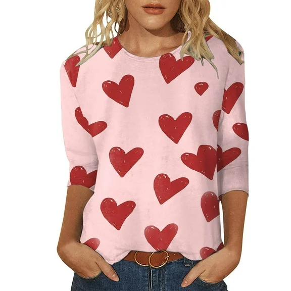 CYMMPU Women's Crewneck Sweatshirt Clearance Going out Tops for Women Long Sleeve Shirts Trendy Valentine's Day Tunic Love Heart Printing 2023 Spring Fashion Clothes Pink S