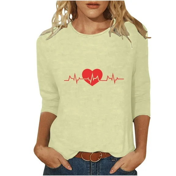 CYMMPU Women's Crewneck Trendy Shirts Love Heart Graphic Oversized Spring Sweatshirt Casual Loose Pullover Fashion Comfy Fall Clothing 2023 Outfits Clothes 3/4 Sleeve Jumper Tops Yellow XXL