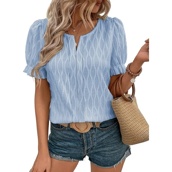Chase Secret Women Shirts Puff Short Sleeve Notched Neck Summer Dressy Casual Blouse Top Blue