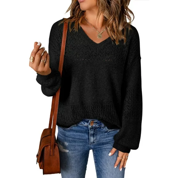 Chase Secret Womens Sweaters Casual Long Sleeve V Neck Lightweight Corchet Pullover Sweater Tops