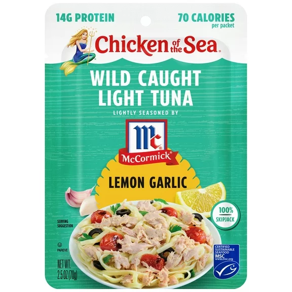 Chicken of the Sea Wild Caught Light Tuna Lightly Seasoned by McCormick, Lemon Garlic, 2.5 oz Pouch