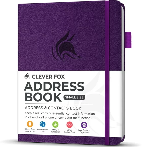 Clever Fox Address Book with alphabetic tabs - PU Leather Telephone and Address Book for Keeping Contacts Safe, Contact Organizer Journal, Small Size (4.0″ x 5.5″), Hardcover, Purple