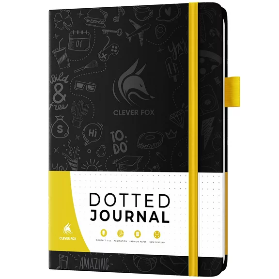 Clever Fox Dotted Journal 2.0 – Compact Planning and Sketching Dot Grid Notebook 120 GSM Thick, No-Bleed Paper – Planner with Pen Loop, Pocket, Ribbons, Stickers A5 - Black