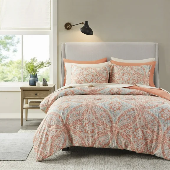 Comfort Spaces 9 Piece Bed in a Bag King Comforter Sets Down Alternative with Sheet Set and Side Pockets, Coral