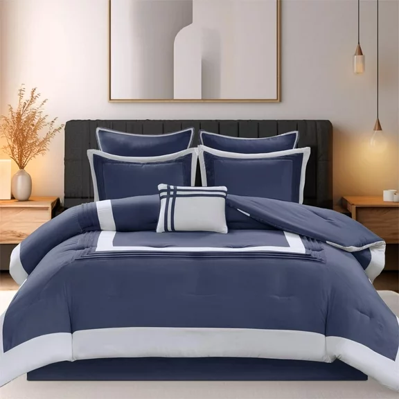Comfort Spaces King Size Comforter Set with Matching Sham 7-Piece Soft Hotel Luxurious Bedding Navy