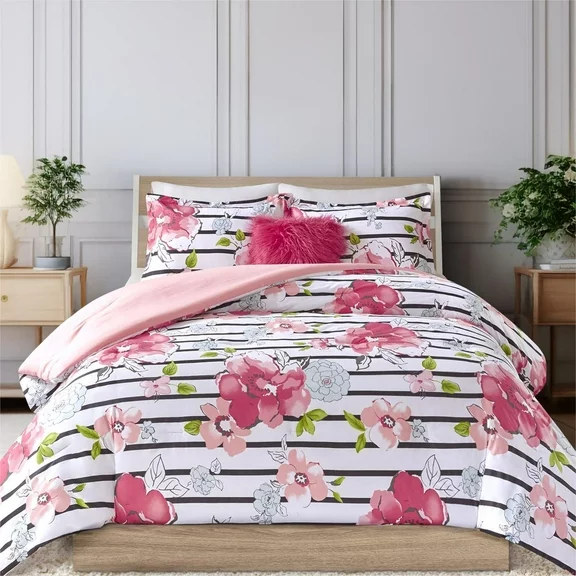 Comfort Spaces Spring 3-Piece Twin/Twin XL Comforter Set Microfiber Pink Floral Striped Floral Bedding Sets