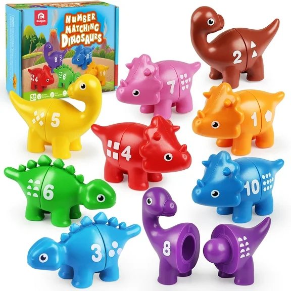 Coogam Numbers Matching Game 10PCS, 123 Counting Dinosaur Toys, Educational Preschool Montessori Fine Motor Skill Mathematics Learning Toys for 2 3 4 Years Old