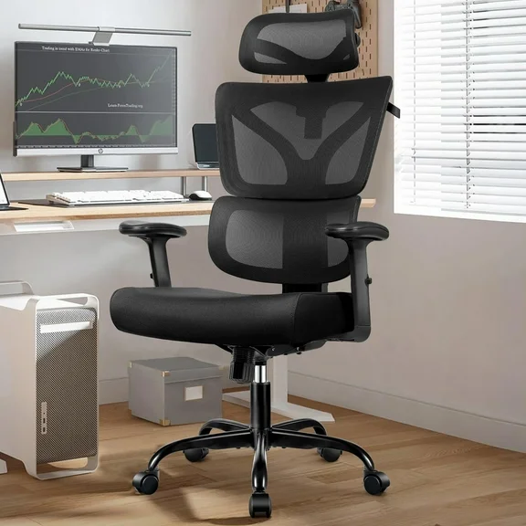 Coolhut Ergonomic Office Chair, Mesh Computer Desk Chair with Adjustable Armrest, High Back chair for big and tall, Black, 300lbs