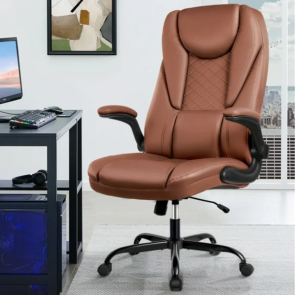 Coolhut Office Chair, Executive Office Chair Big and Tall Office Chair Ergonomic Leather Chair with Adjustable Flip-Up Arms High Back Home Office Desk Chairs Computer Chair with Lumbar Support