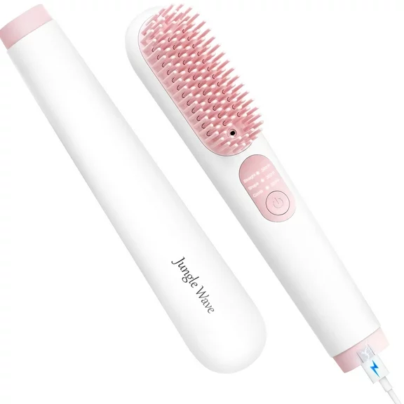 Cordless Hair Straightener Brush, Jungle Wave Portable Ionic Hot Straightening Comb for Travel, Gift for Mother's Day, Pink