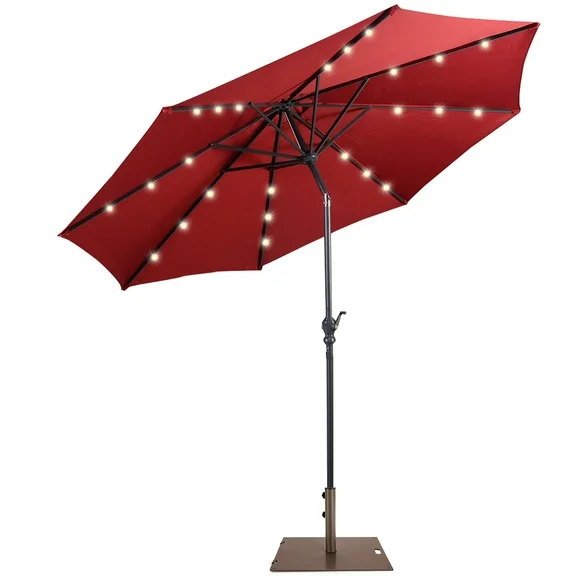 Costway 10ft Solar Lights Patio Umbrella Outdoor W/ 50 LBS Movable Umbrella Stand, Burgundy