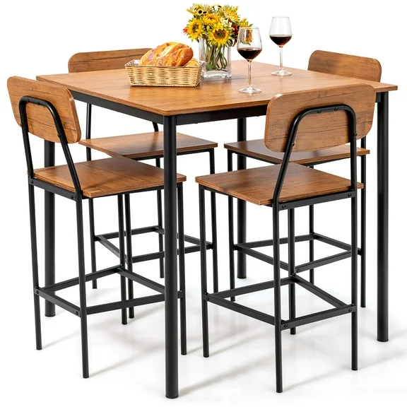 Costway 5-Piece Industrial Dining Table Set with Counter Height Table & 4 Bar Stools Brown