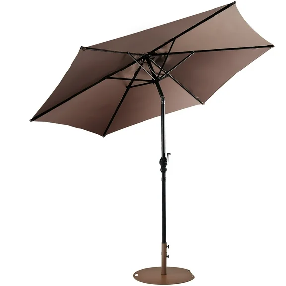 Costway 9ft Patio Umbrella Outdoor W/ 50 LBS Round Umbrella Stand W/ Wheels, Brown