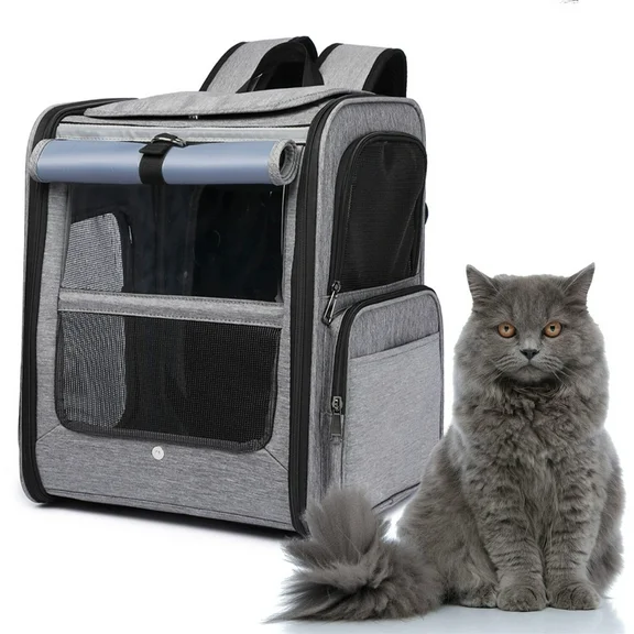 Critter Sitters Grey Pet Backpack for Small Dogs, Cats with Scratch Resistant Breathable Mesh Windows | Airline Carry-On Approved | Safety Leash | Storage Pockets | Durable Transporation for Animals