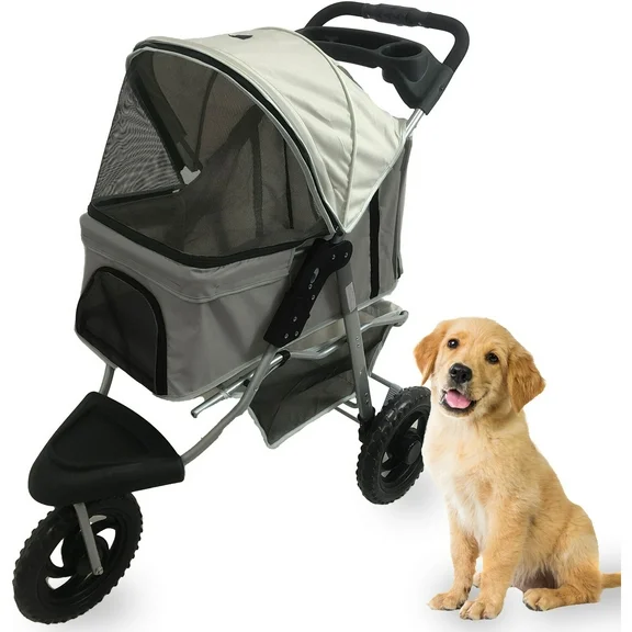 Critter Sitters Light Grey 4-Wheel Pet Stroller for Medium/Large Sized Dogs, Cats with Scratch Resistant Breathable Mesh Windows and Safety Leash | Storage Basket | Cup Holders | Lockable Wheels