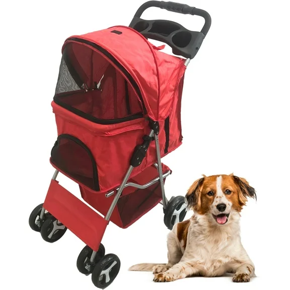 Critter Sitters Red 4-Wheel Pet Stroller for Small/Medium Sized Dogs, Cats, Animals with Scratch Resistant Breathable Mesh Windows and Safety Leash | Storage Basket | Cup Holders | Lockable Wheels