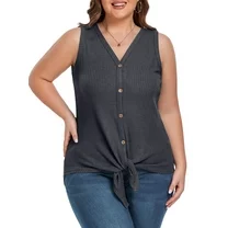 Cueply Plus Size Tank Tops for Women Summer Sleeveless Shirts V Neck Button Down Blouse Tie Front Knot
