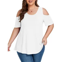 Cueply Plus Size Tops for Women Summer Short Sleeve Shirts Cold Shoulder Blouse Crewneck Tunic 1X-4X