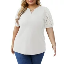 Cueply Women's Plus Size Tops Summer Short Sleeve Dressy Casual Blouse Shirts Waffle Knit Lace
