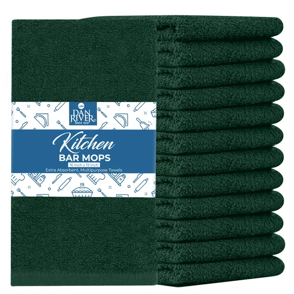 DAN RIVER 100% Cotton Bar Mop Cleaning Kitchen Towels, Absorbent, Quick Dry, Reusable Multi-Purpose Premium Rags for Home, Restaurants, Shop and Offices, Pack of 12-16x19 in 350 GSM, Huntergreen