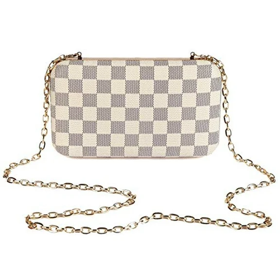 Daisy Rose Checkered Minaudiere Evening bag - RFID Blocking Cross body clutch -PU Vegan Leather (Cream)