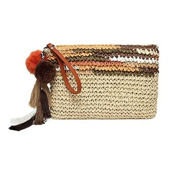Daisy Rose Colorful Clutch for Women - Straw Handbag with Vegan Leather Handles and Pom Poms- Brown Multi Color