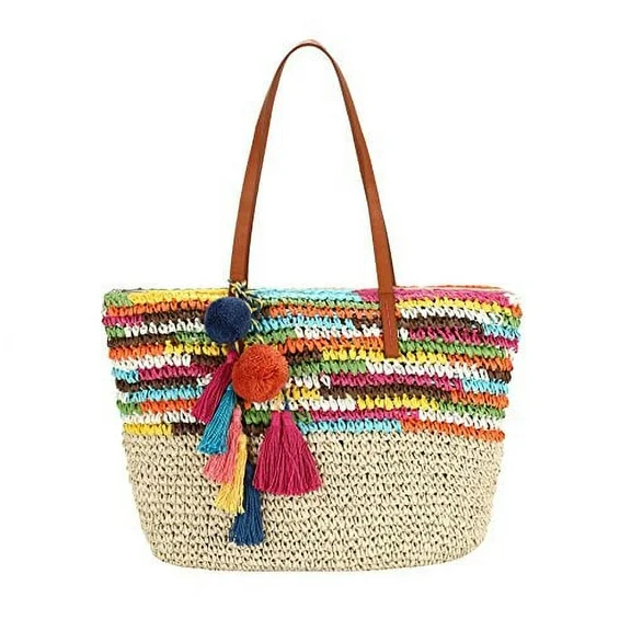Daisy Rose Large Straw Beach Tote Bag for Women with Pom Poms and Inner Pouch -Vegan Leather Handles (Bright Multi Color)