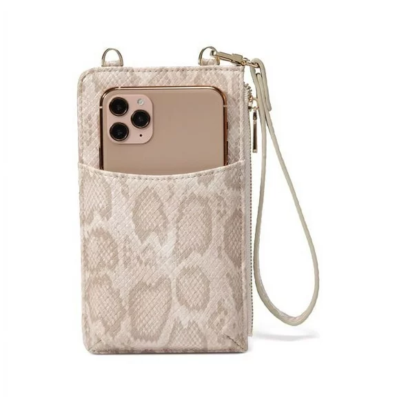 Daisy Rose Phone Holder Wallet and Cross Body Bag - RFID Blocking Wristlet with Card Slots and Zip Pocket -PU Vegan Leather - Cream Snake