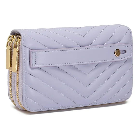 Daisy Rose Quilted Dual Zipper Wallet and Phone Clutch - RFID Blocking Hand Strap Zip Around Card Holder Organizer -PU Vegan Leather - Lilac