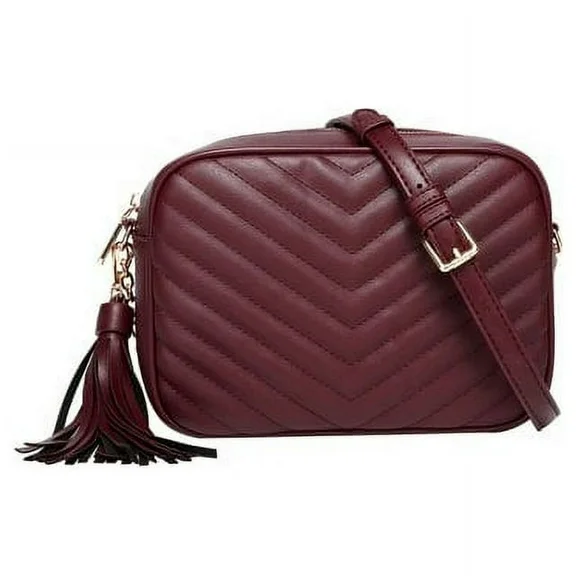 Daisy Rose Quilted Shoulder Cross body bag for Women with tassel - PU Vegan Leather - Burgundy