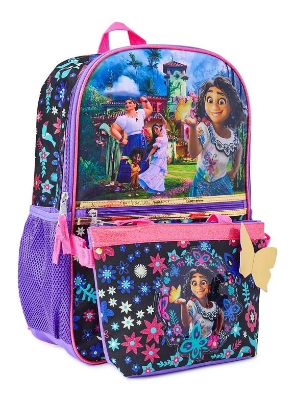 Disney Encanto Magic Family Girls 17" Laptop Backpack 2-Piece Set with Lunch Tote Bag, Purple Pink