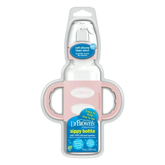 Dr. Brown's Milestones Narrow Sippy Bottle with 100% Silicone Handles and Soft Sippy Spout, 8oz/250mL, 6m+, BPA Free, Light Pink, 1 Pack