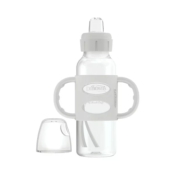 Dr. Brown's Milestones Narrow Sippy Spout Bottle, 100% Silicone Handles, 8oz/250ml, 6m+, BPA Free, Gray