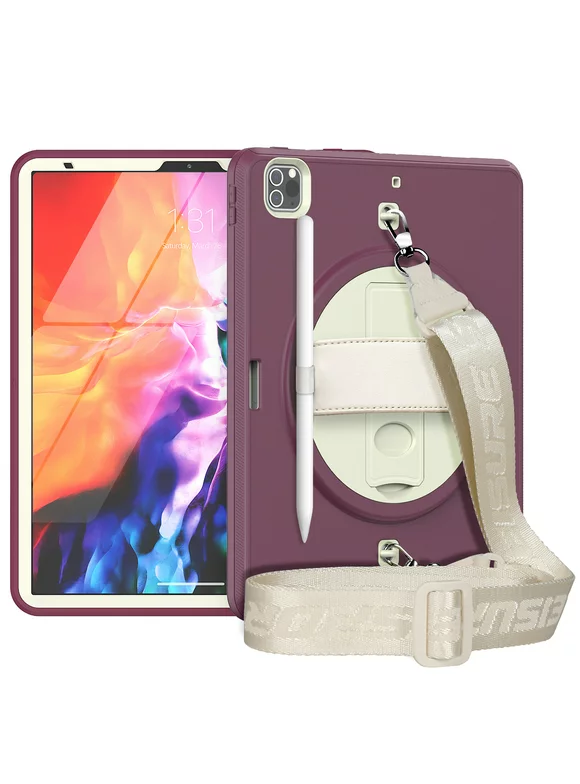 Dteck iPad Pro 12.9 2022 Case with Built-in Screen Protector, iPad Pro 12.9 6th/5th/4th/3rd Gen Case, Heavy Shockproof Rotatable Kickstand Cover with Hand/Shoulder Strap, Purple+Beige