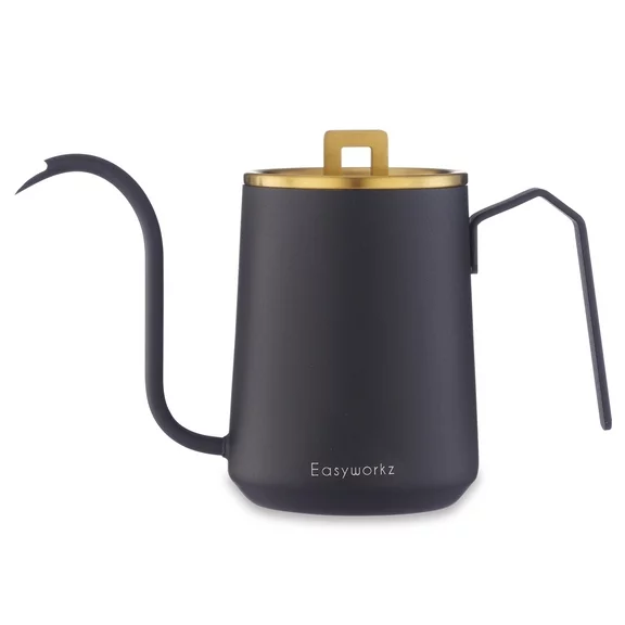 Easyworkz Gooseneck Pour Over Stainless Steel Coffee Kettle 20 oz with Upgraded Spout, Brass Gold Black