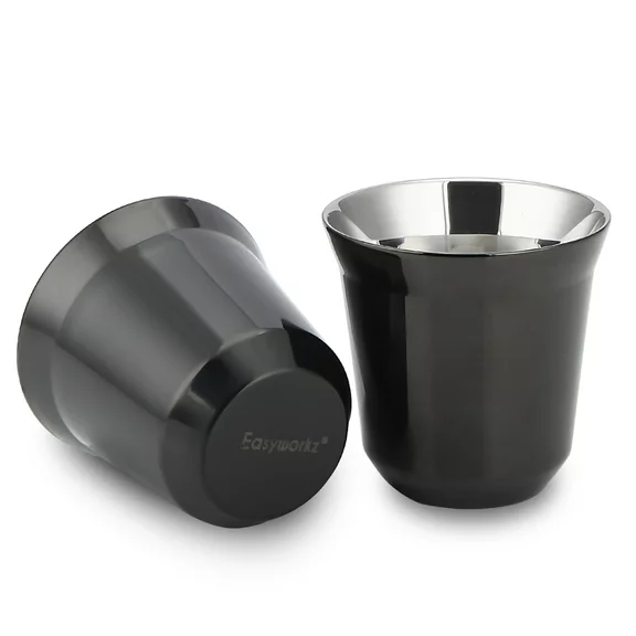Easyworkz Stainless Steel Espresso Cup 2pcs-Set Double Wall Insulated Demitasse Cups, 5 oz Black