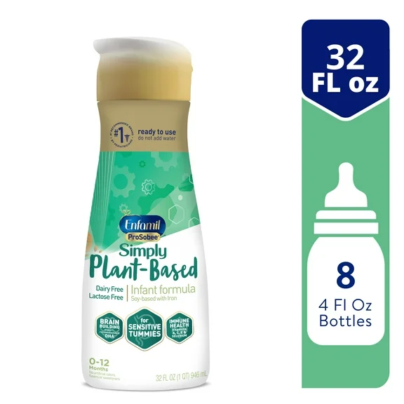 Enfamil ProSobee Soy-Based Infant Formula for Sensitive Tummies, Lactose-Free, Milk-Free, and DHA for Brain Support, Plant-Sourced Ready-to-Use Nursette Bottles, 32 Fl Oz