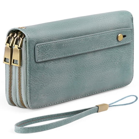 FALAN MULE Wallet for Women Double Zipper Phone Clutch RFID Blocking Vegan Leather Wristlet Purse Large Capacity Long Credit Card Holder with Grip Hand Strap