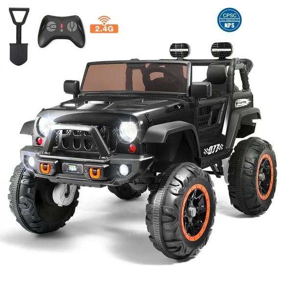 FUNTOK 24 Volt 2 Seater Kids Ride on Truck 4 x 100W Motor Electric Vehicle Car,4WD/2WD Switchable Battery Powered Ride on Toy,3 Speeds with Remote Control,Spring Suspension & LED Lights,Black