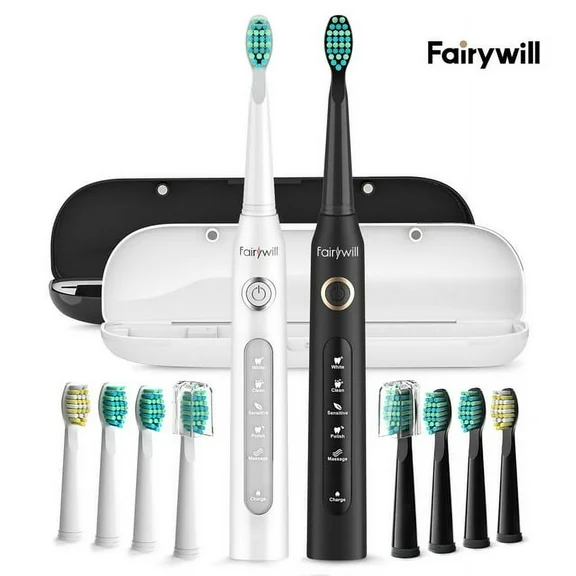 Fairywill 2 Packs Electric Toothbrush for Adult, Dual Sonic Toothbrushs Kit with 2 Travel Case 5 Modes Rechargeable Smart Timer IPX7 Waterproof, Black and White