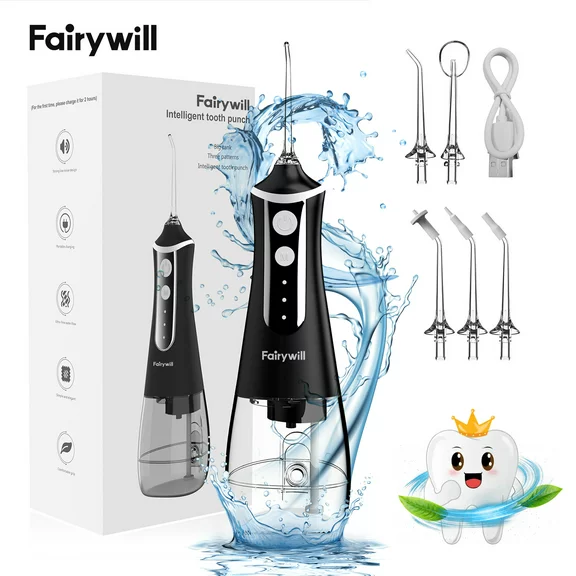 Fairywill Cordless Water Flosser, Portable Oral Irrigator Teeth Cleaner with 5 Modes, 300ML Rechargeable Electric Oral Hygiene Flossing for Travel & Home, Black