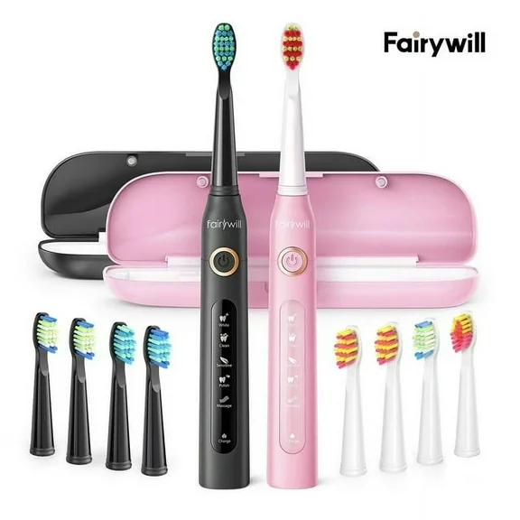 Fairywill Ultrasonic Electric Toothbrush with 5 Modes , Dual Pack Sonic Rechargeable Toothbrush for Adults with 8 Heads & 2 Travel Cases , Smart Timer , Fast Charger for 30 Days , Black & Pink