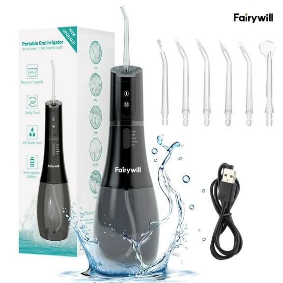 Fairywill Water Flosser for Teeth, Dental Oral Irrigator Teeth Cleaner with 5 Adjustable Modes, 400ML Water Tank, IPX8 Waterproof, Cordless Quiet Professional Electric Flosser for Braces Care, Black