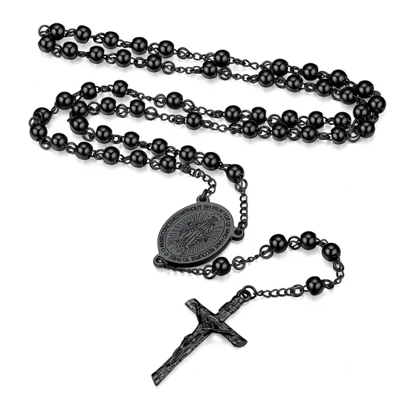 FaithHeart Black Rosary Necklace Catholic Virgin Mary Holy Blessed Bead Christian Crucifix Pendant